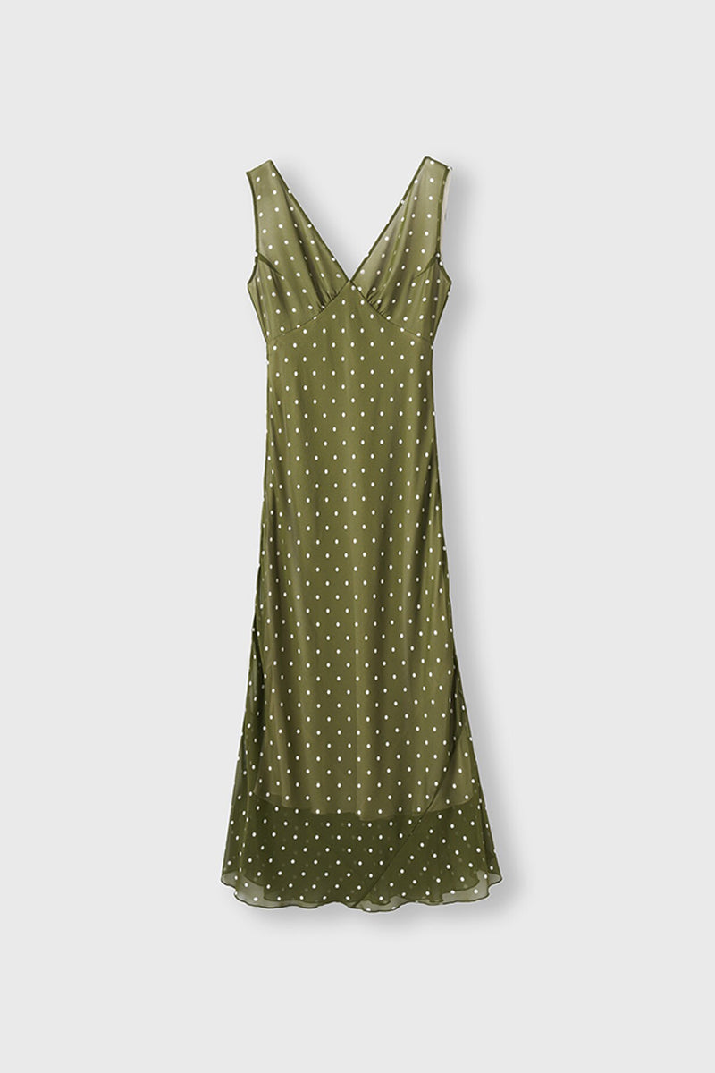 green dress with white dots 100 Silk Polka Dot Bias-Cut Midi in Olive zara green polka dot dress