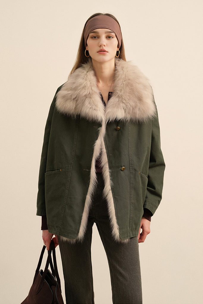 100 White Goose Down Parka with Genuine Fox Fur Collar Ash Olive / M / • Shell: 100% Cotton • Lining: 100 Fibflx