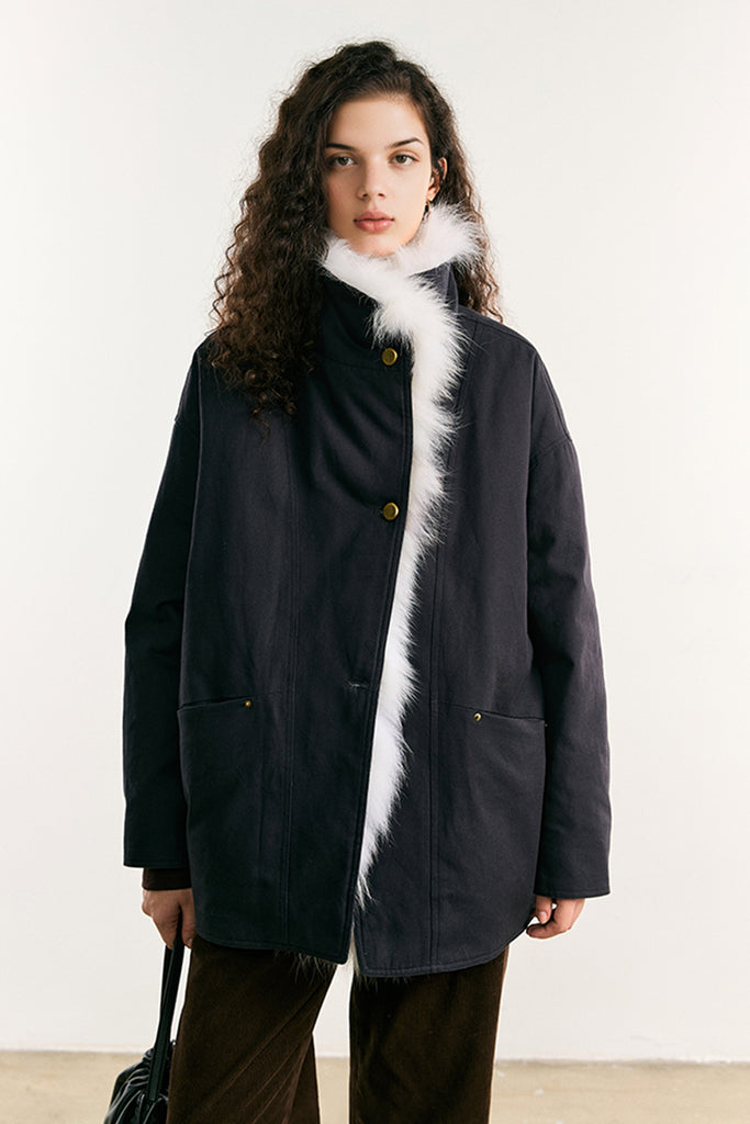 100 White Goose Down Parka with Genuine Fox Fur Collar Mid Night Blue / M / • Shell: 100% Cotton • Lining Fibflx
