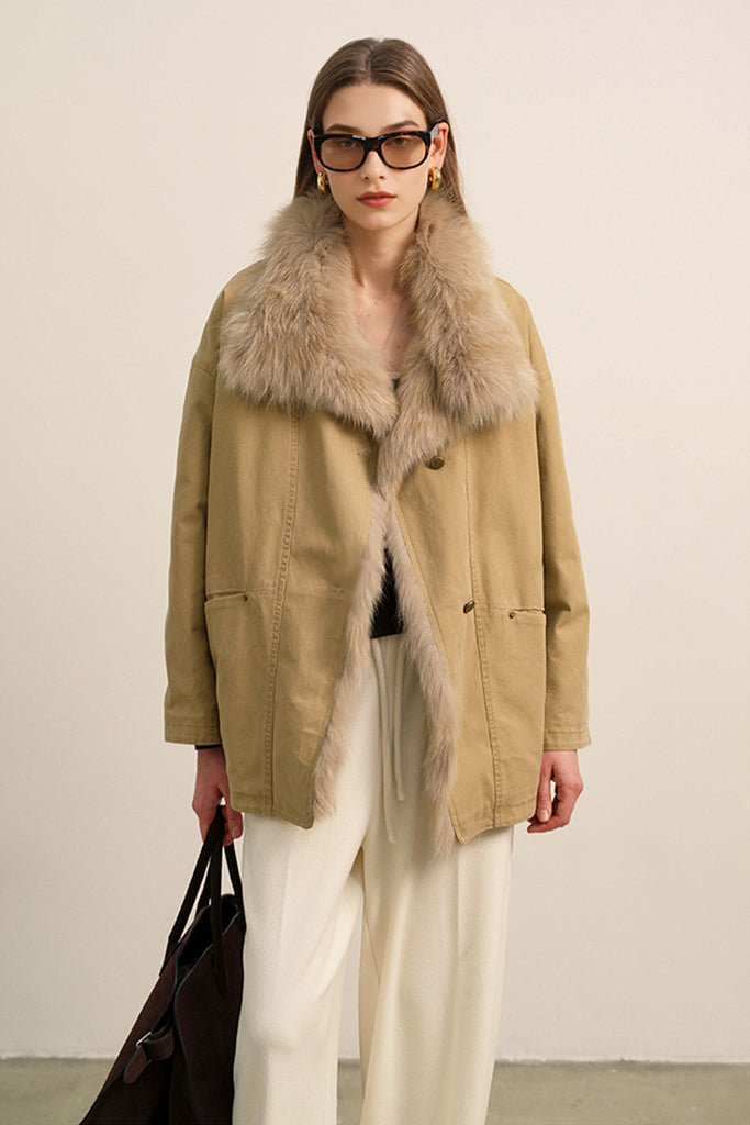 100 White Goose Down Parka with Genuine Fox Fur Collar Sahara Beige / M / • Shell: 100% Cotton • Lining:  Fibflx
