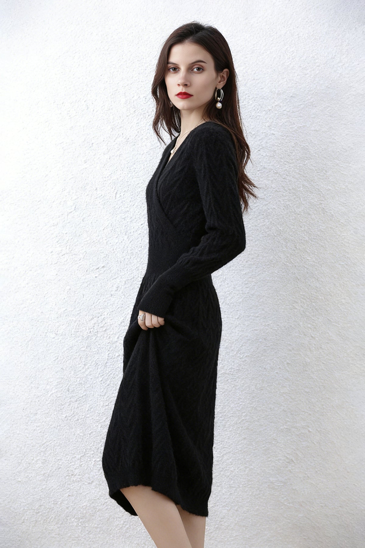 wrap sweater dress Womens Cashmere Ribbed Knit Long Sleeve V Neck Midi Dresses Caramel / XL while the versatile style moves easily from workdays to weekends 100% Wool Chevron Long Sleeve