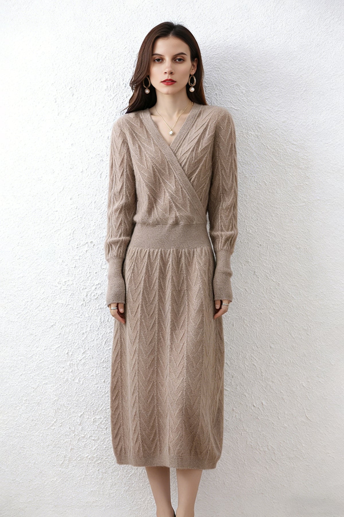 long sleeve wrap midi sweater dress 100% Wool Chevron Black / XS 48.5 Sleeve Length Color:COMPLETELY IVORY Criss-cross Pleated Sage Chiffon bekremoverestockedau