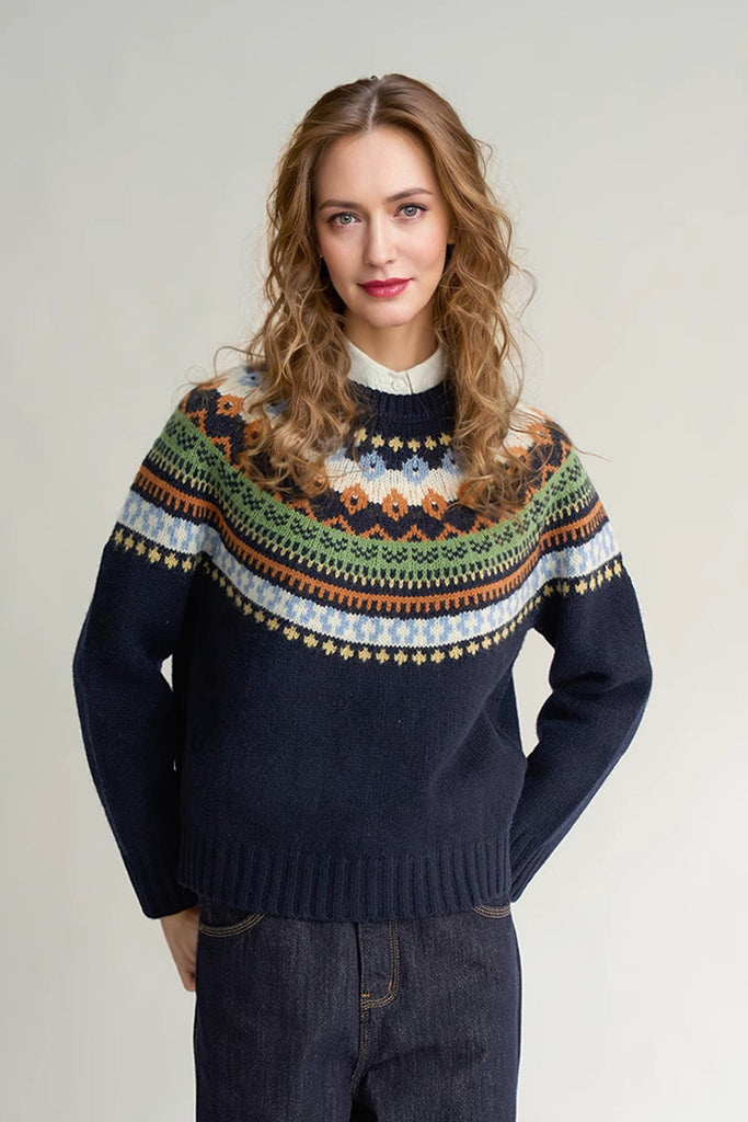 Fibflx Women's 100 Wool Fair Isle Crewneck Sweater in Navy Blue