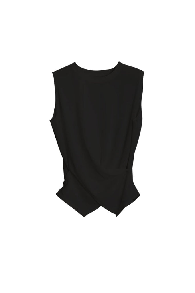 100 Wool Knit Asymmetrical Crew-Neck Wrap Tank Top Black / M Fibflx