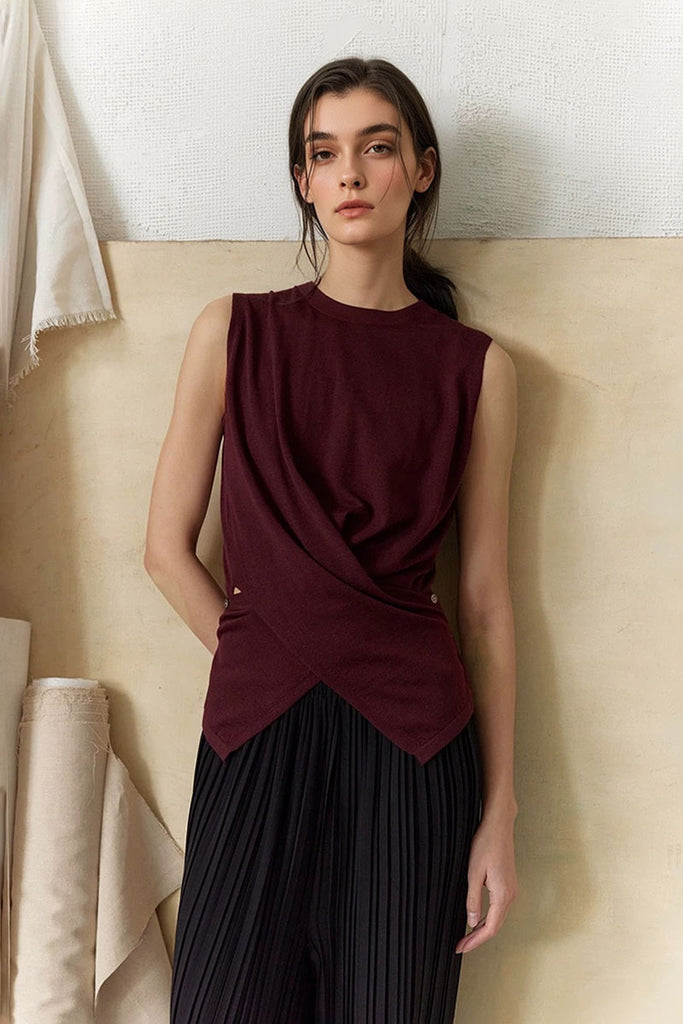 100 Wool Knit Asymmetrical Crew-Neck Wrap Tank Top Crimson Red / M Fibflx