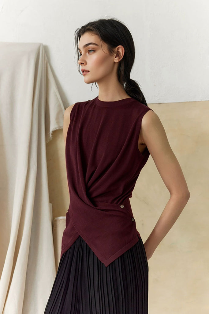 100 Wool Knit Asymmetrical Crew-Neck Wrap Tank Top  Fibflx