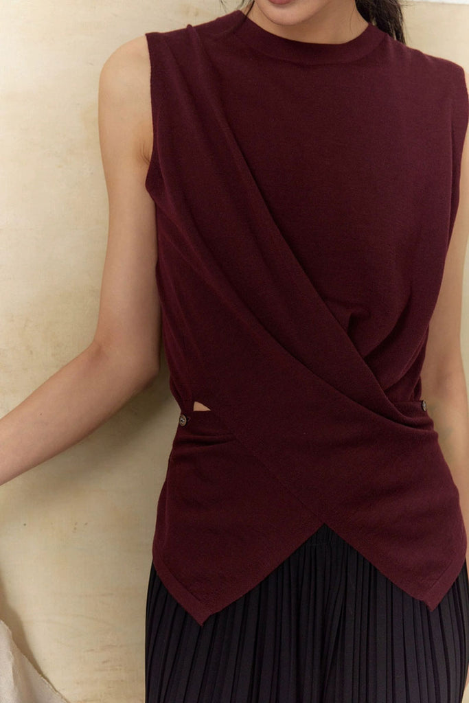 100 Wool Knit Asymmetrical Crew-Neck Wrap Tank Top  Fibflx