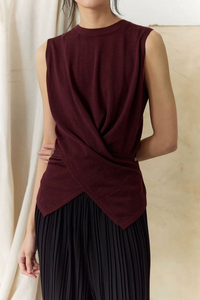 100 Wool Knit Asymmetrical Crew-Neck Wrap Tank Top  Fibflx