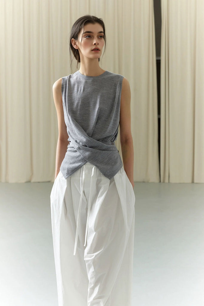 100 Wool Knit Asymmetrical Crew-Neck Wrap Tank Top  Fibflx