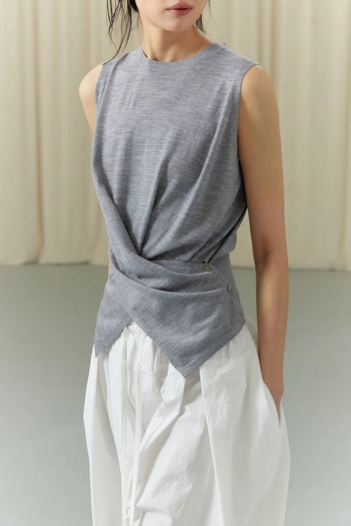 100 Wool Knit Asymmetrical Crew-Neck Wrap Tank Top  Fibflx