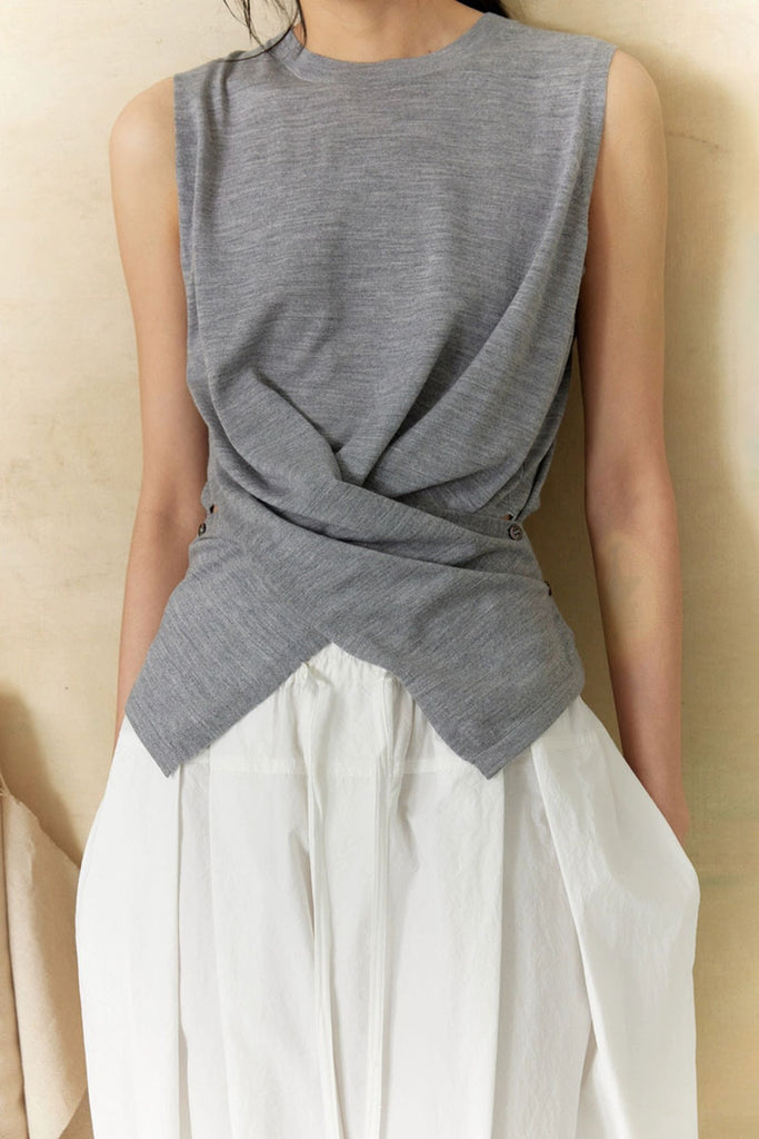 100 Wool Knit Asymmetrical Crew-Neck Wrap Tank Top  Fibflx