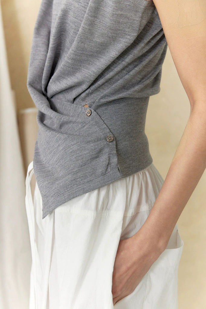 100 Wool Knit Asymmetrical Crew-Neck Wrap Tank Top  Fibflx