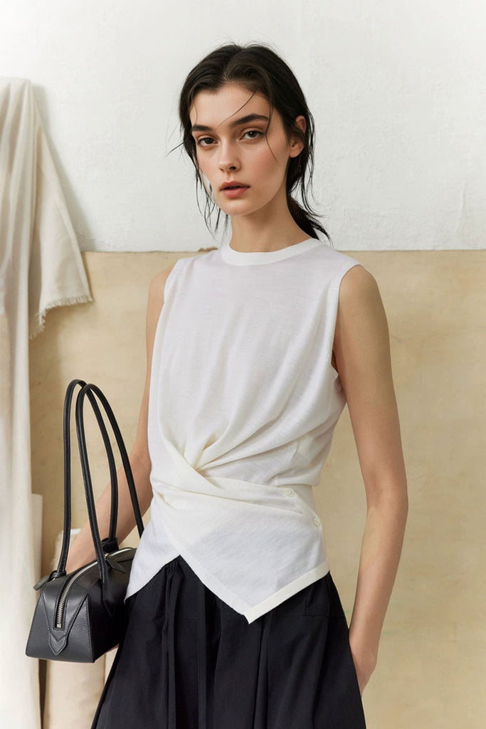 100 Wool Knit Asymmetrical Crew-Neck Wrap Tank Top White / M Fibflx