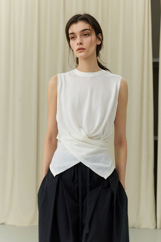 100 Wool Knit Asymmetrical Crew-Neck Wrap Tank Top  Fibflx