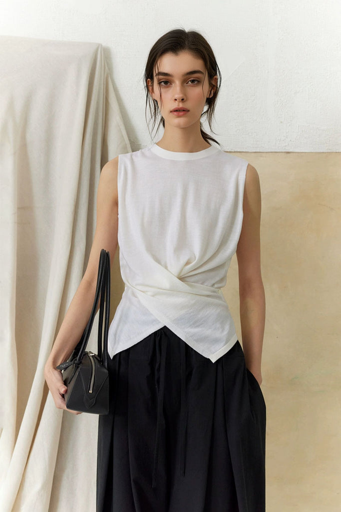 100 Wool Knit Asymmetrical Crew-Neck Wrap Tank Top  Fibflx