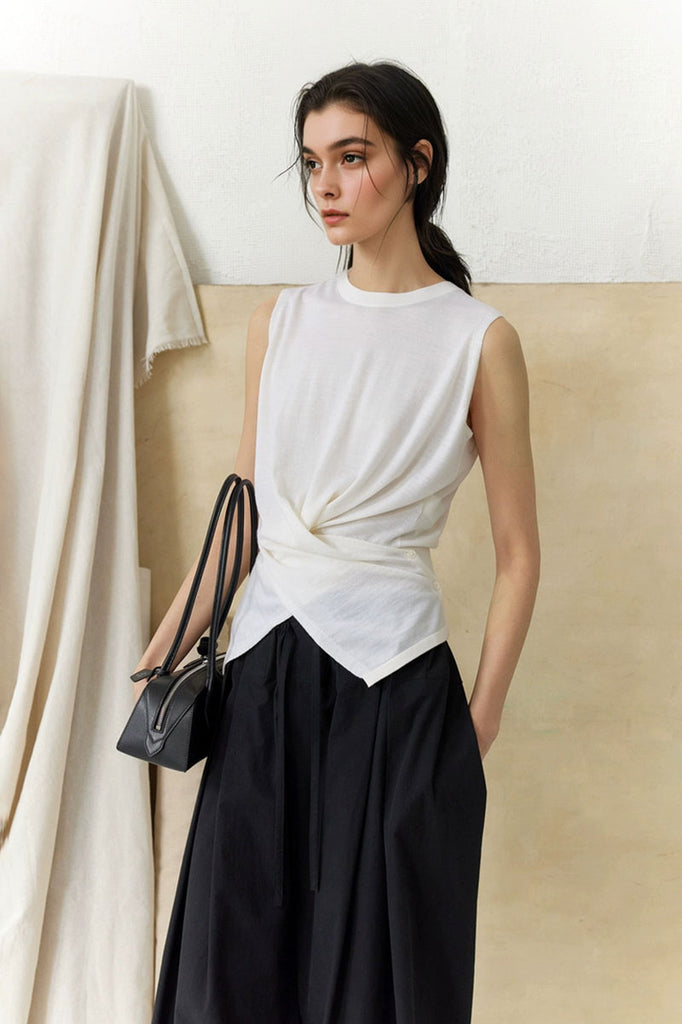 100 Wool Knit Asymmetrical Crew-Neck Wrap Tank Top  Fibflx