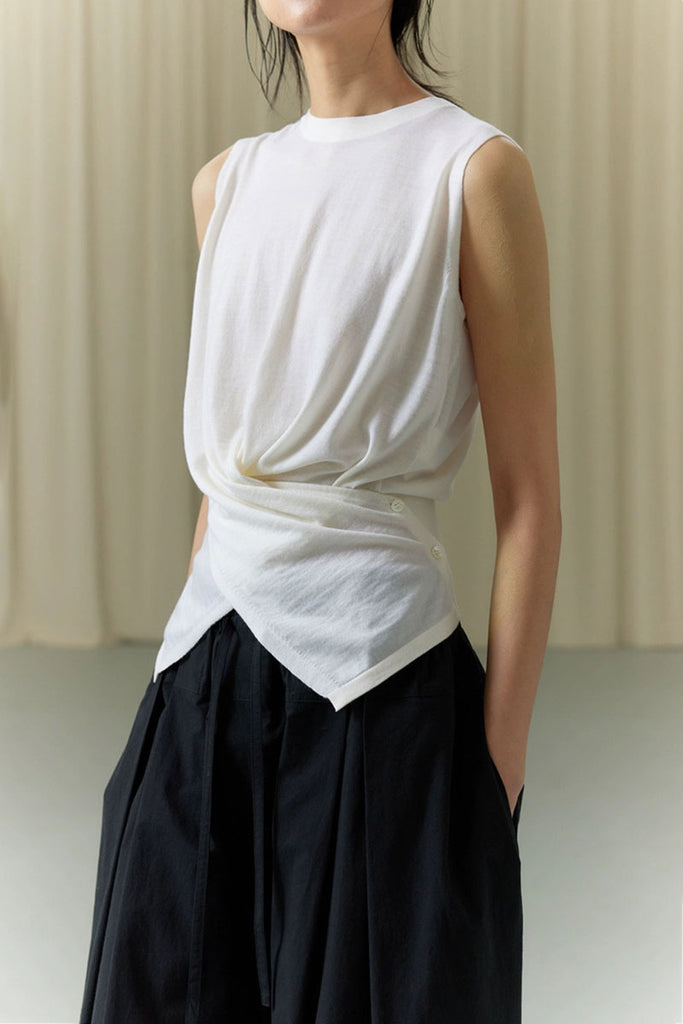 100 Wool Knit Asymmetrical Crew-Neck Wrap Tank Top  Fibflx