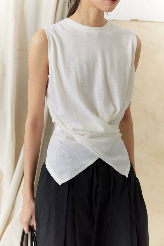 100 Wool Knit Asymmetrical Crew-Neck Wrap Tank Top  Fibflx