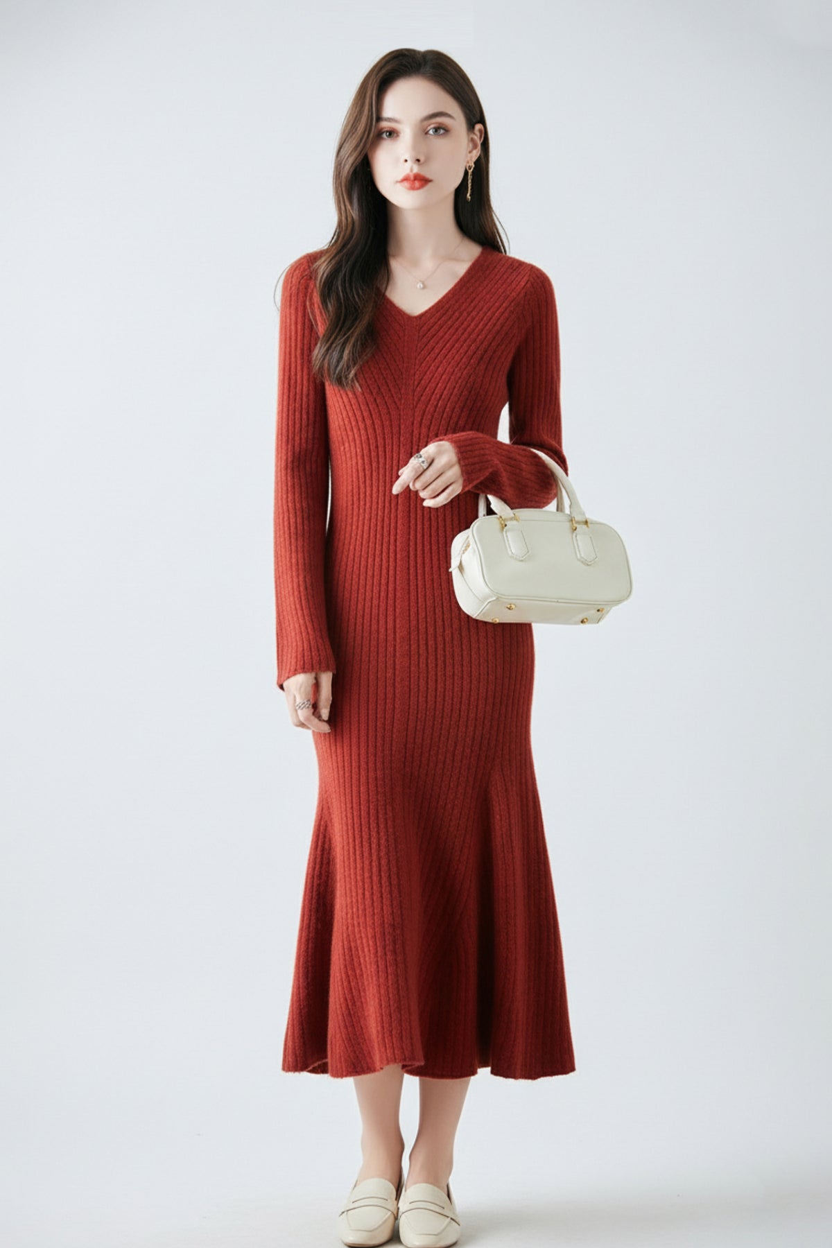 midi v neck sweater dress 100% Wool Long Sleeve V-NecK Oatmeal Beige / XS fitgroup:178 Off Shoulder Ruched Midi Length:Cape Hip Length 34 Only Non