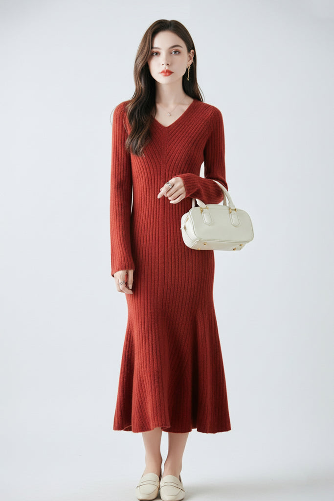 100% Wool Long Sleeve V-NecK Midi Sweater Dress Brick Red / XL Fibflx