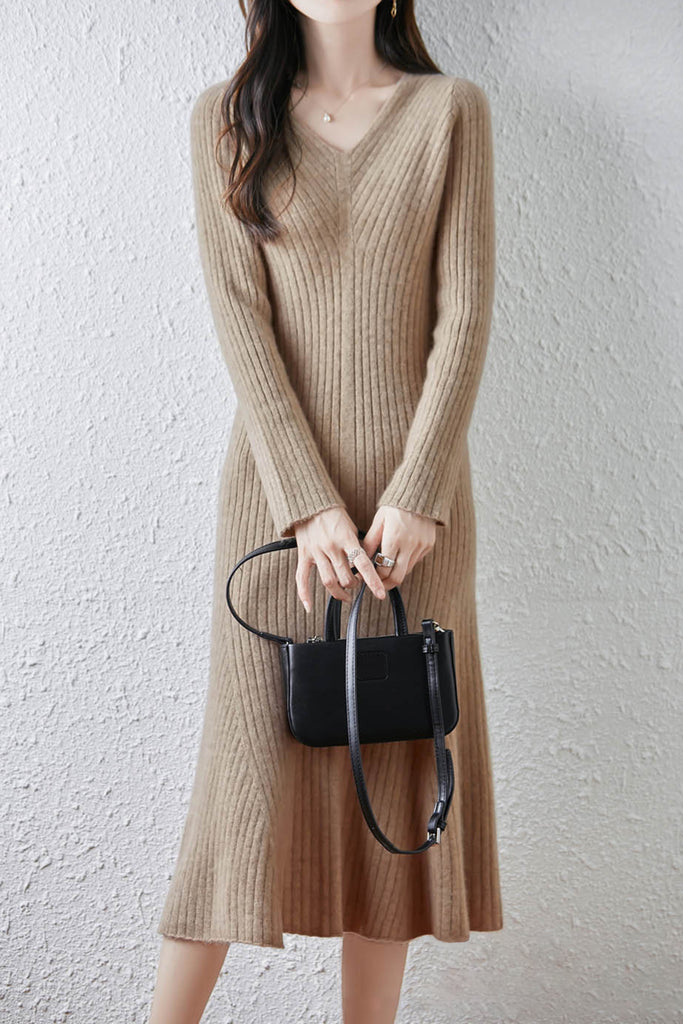 100% Wool Long Sleeve V-NecK Midi Sweater Dress Milktea / XL Fibflx