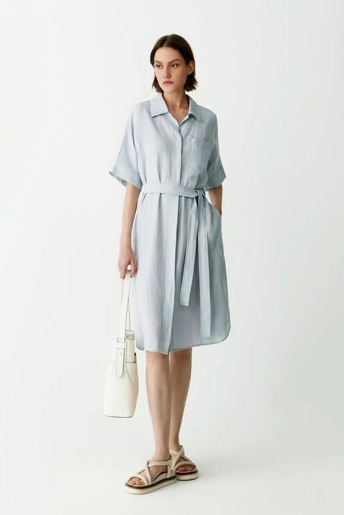 Fibflx Women's 100% Linen Midi Shirt Dress With Belt