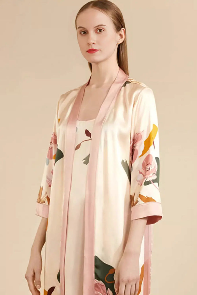 Fibflx Women's 100% Mulberry Silk Rose Print Silk Robe
