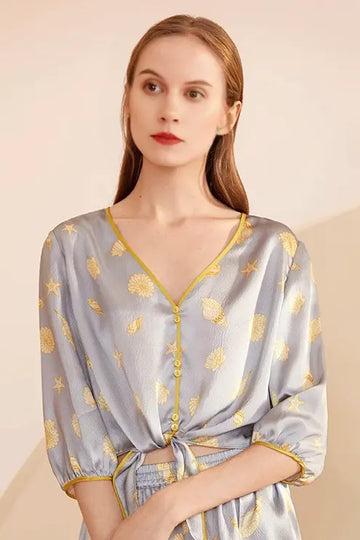 Fibflx Women's 100% Mulberry Silk V-Neck Shell Print Silk Pajamas