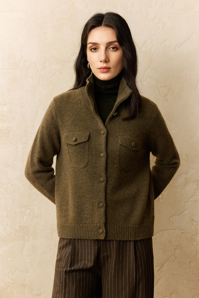 100% Cashmere Button-Up Polo Cardigan Jacket  Fibflx