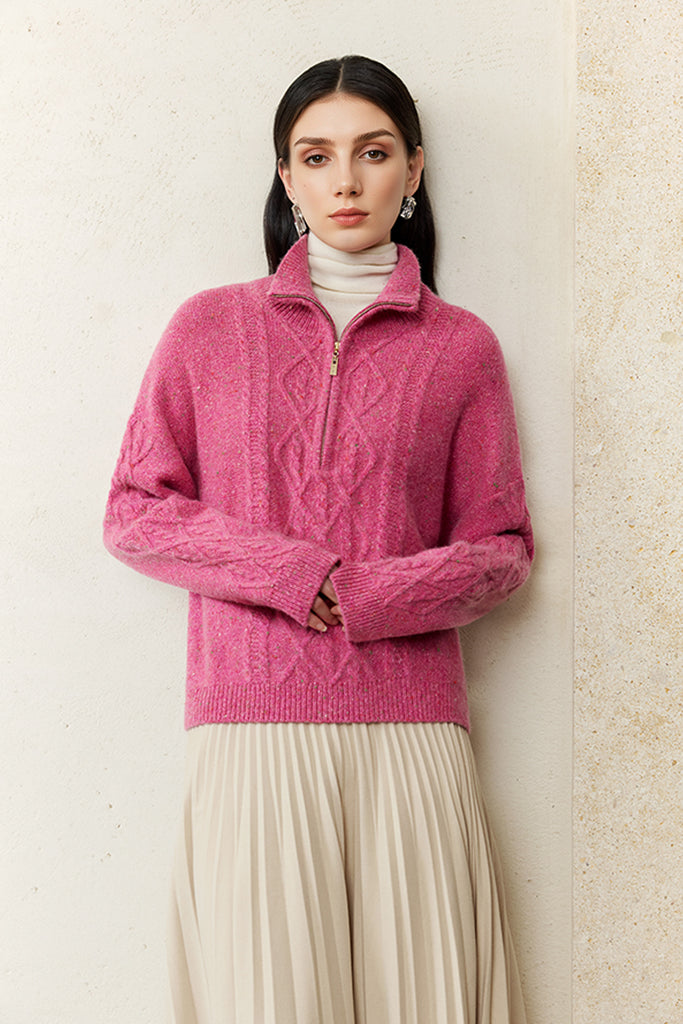 100% Cashmere Half-Zip Cable Knit Marled Sweater  Fibflx