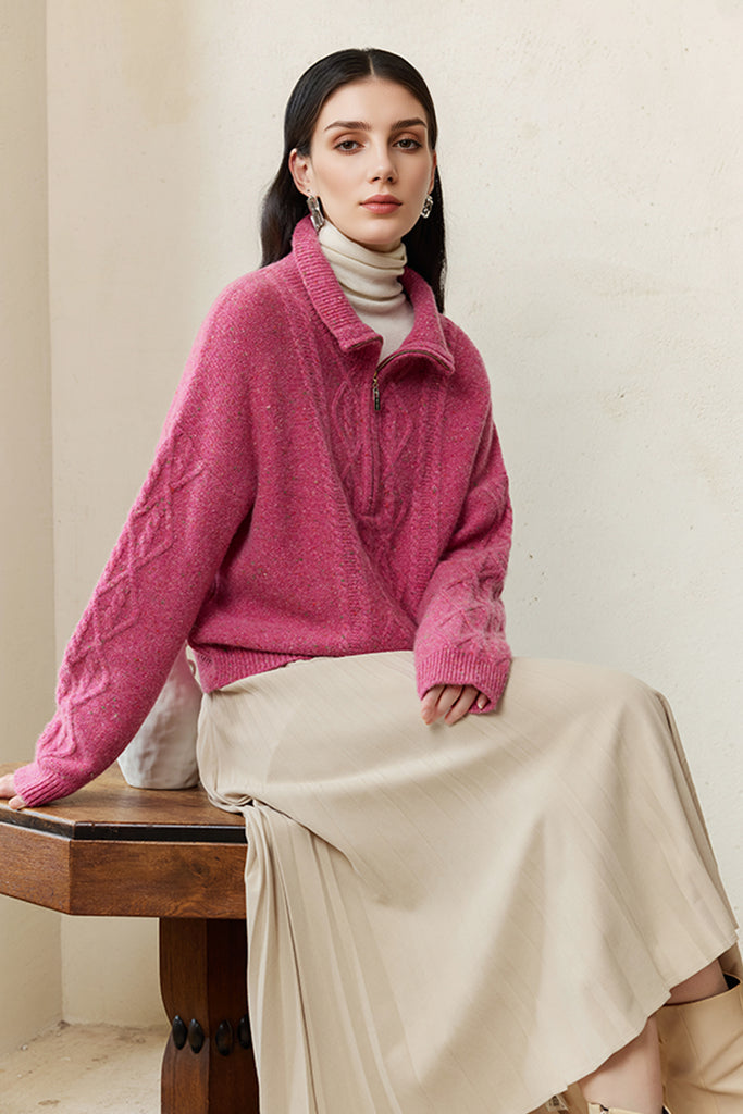 100% Cashmere Half-Zip Cable Knit Marled Sweater  Fibflx