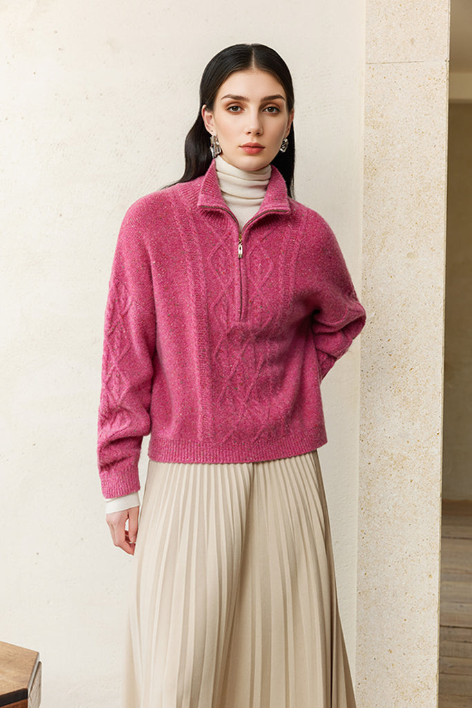 100% Cashmere Half-Zip Cable Knit Marled Sweater  Fibflx