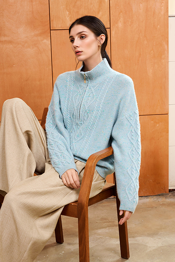 100% Cashmere Half-Zip Cable Knit Marled Sweater  Fibflx