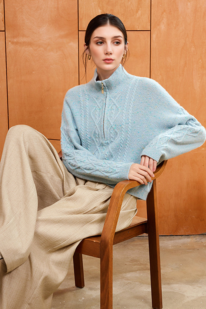 100% Cashmere Half-Zip Cable Knit Marled Sweater  Fibflx