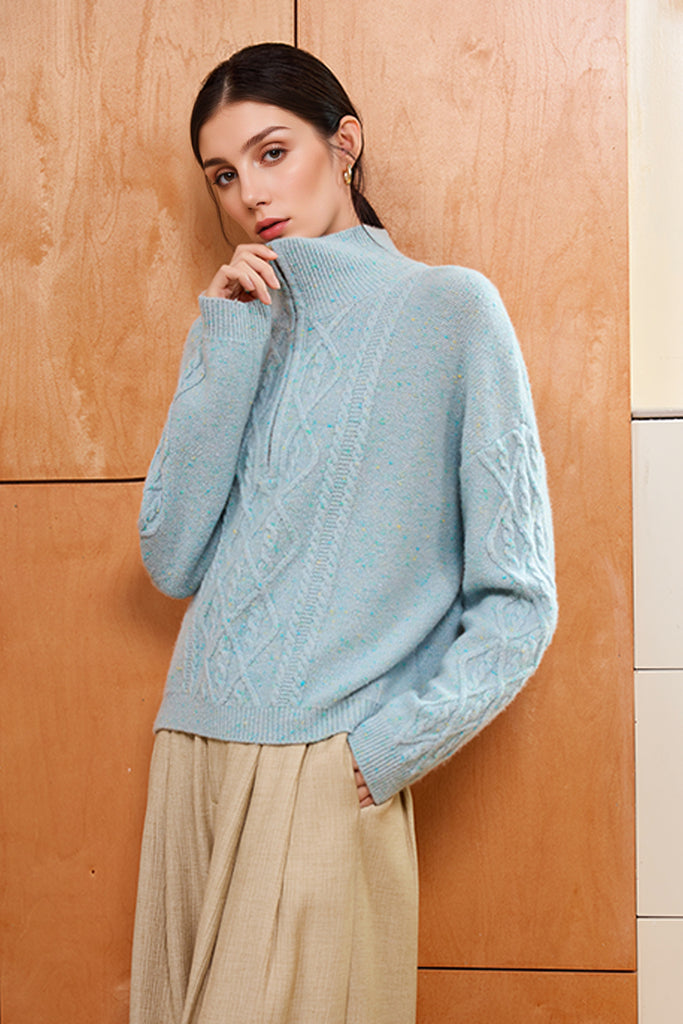 100% Cashmere Half-Zip Cable Knit Marled Sweater  Fibflx