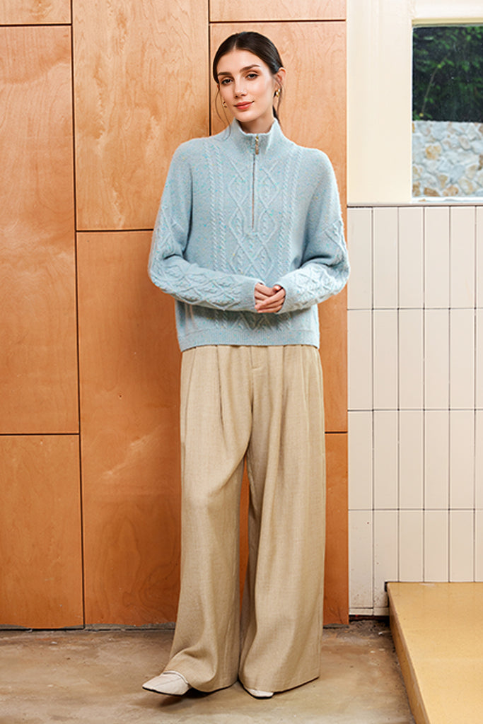 100% Cashmere Half-Zip Cable Knit Marled Sweater  Fibflx