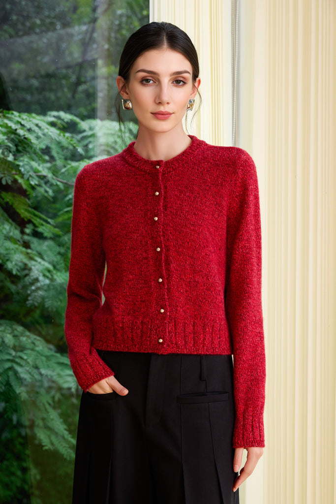 100% Cashmere Marled Button-Up Crewneck Cardigan  Fibflx