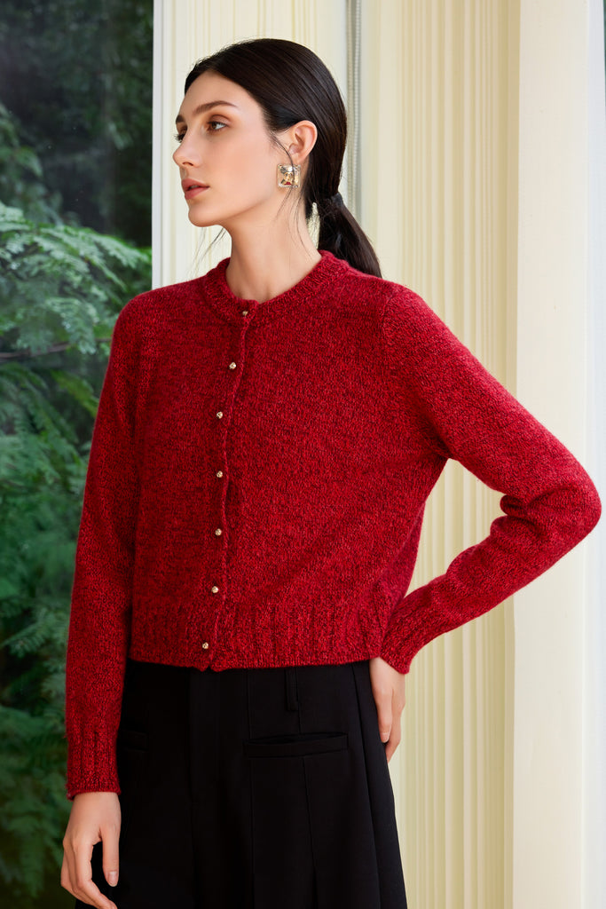 100% Cashmere Marled Button-Up Crewneck Cardigan  Fibflx