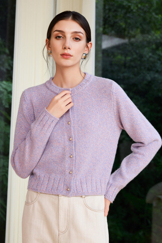 100% Cashmere Marled Button-Up Crewneck Cardigan  Fibflx