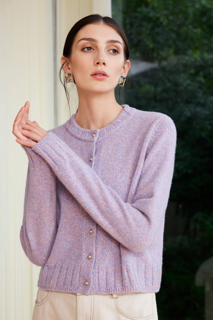 100% Cashmere Marled Button-Up Crewneck Cardigan  Fibflx