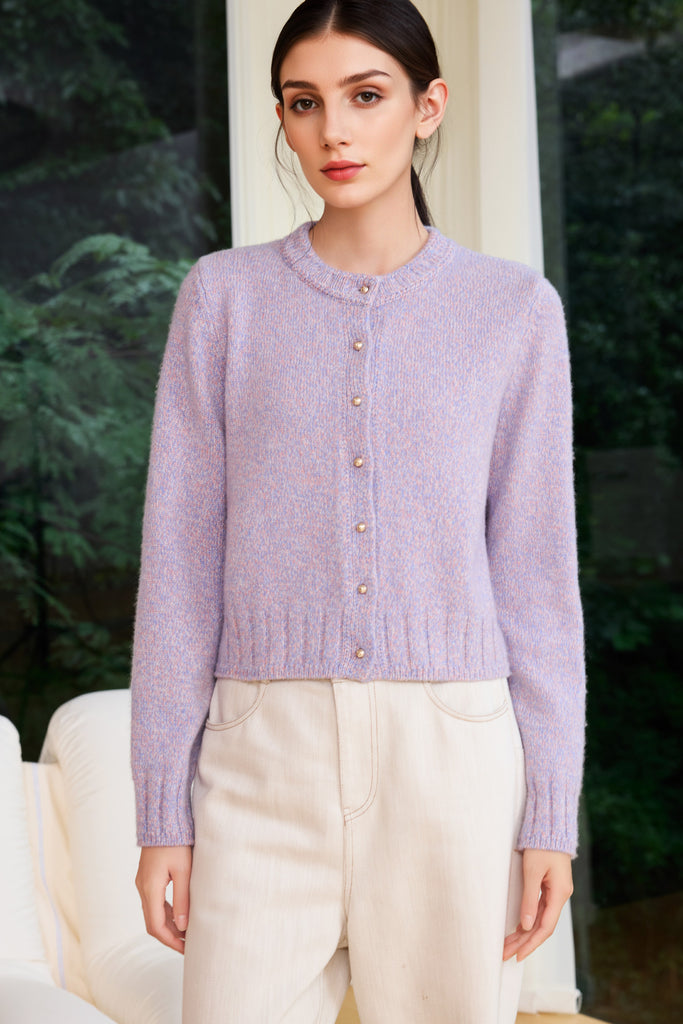 100% Cashmere Marled Button-Up Crewneck Cardigan  Fibflx