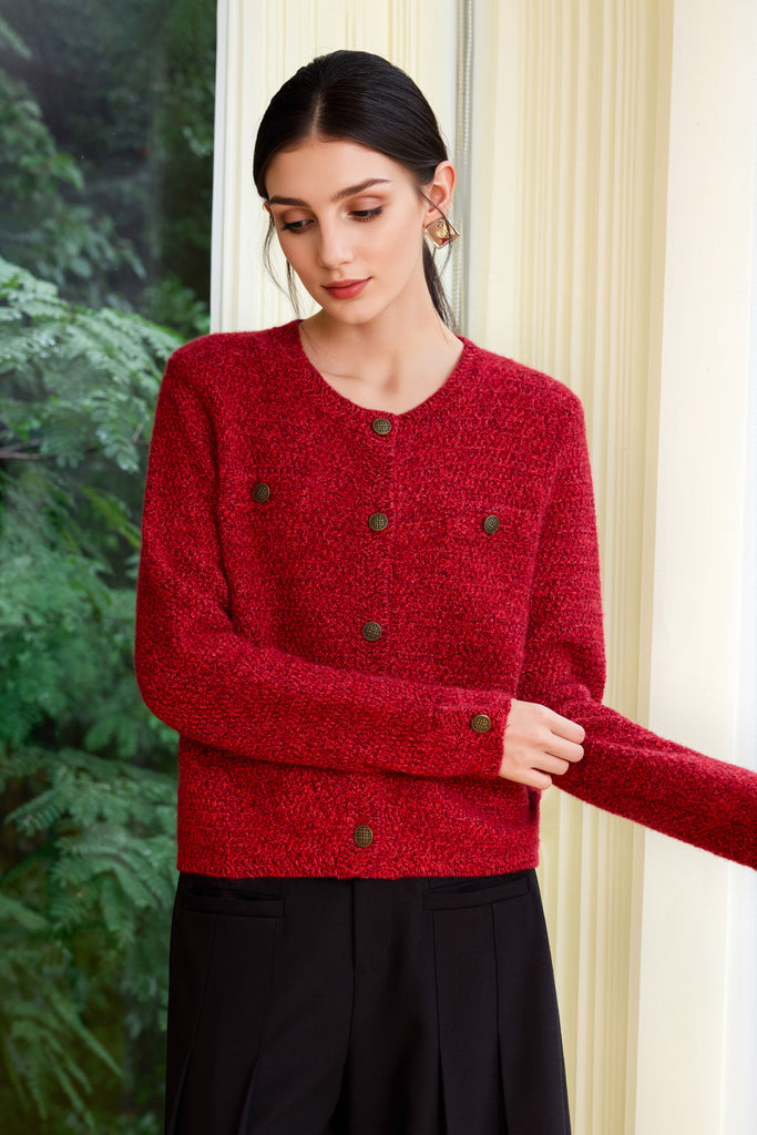 100% Cashmere Marled Crewneck Cardigan in Red  Fibflx
