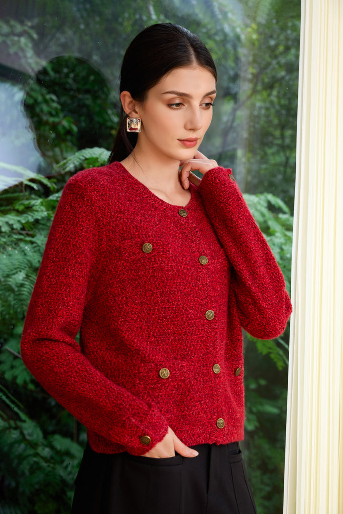 100% Cashmere Marled Crewneck Cardigan in Red  Fibflx