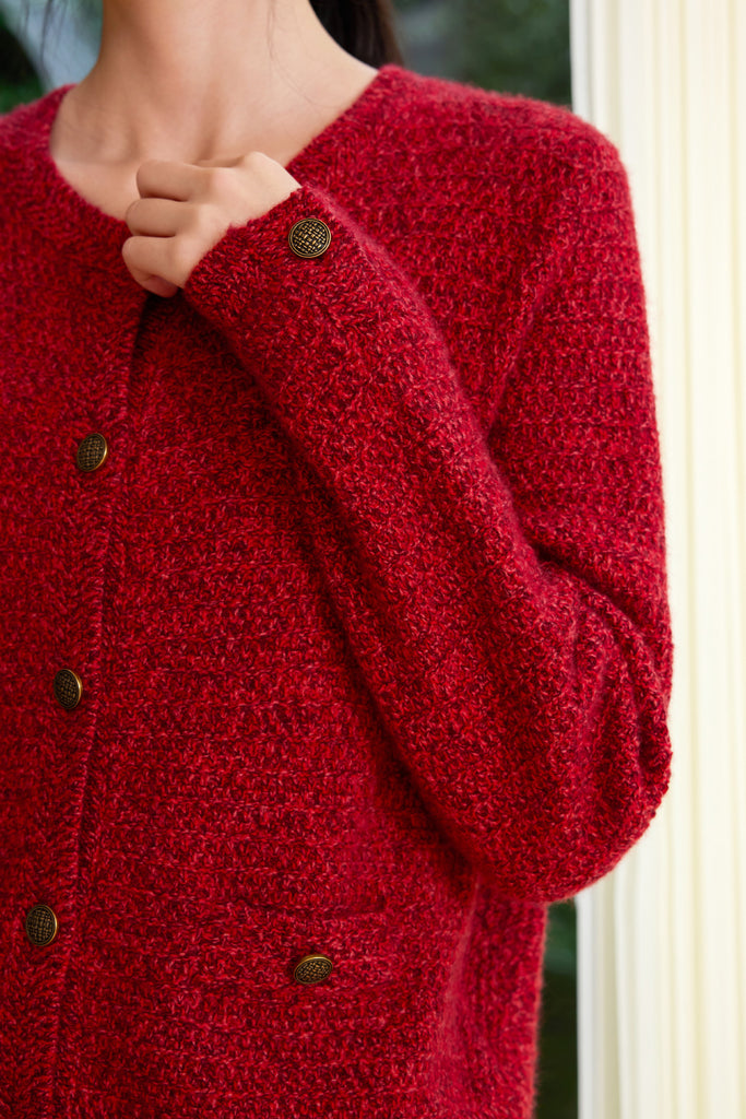 100% Cashmere Marled Crewneck Cardigan in Red  Fibflx