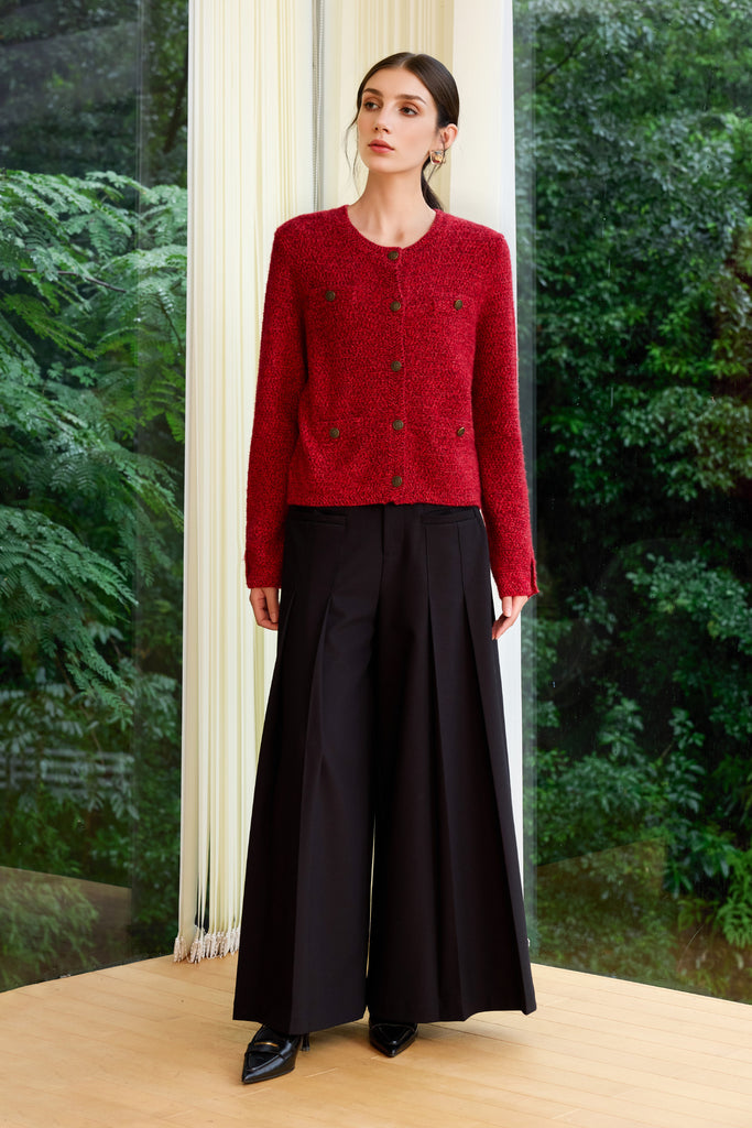 100% Cashmere Marled Crewneck Cardigan in Red  Fibflx