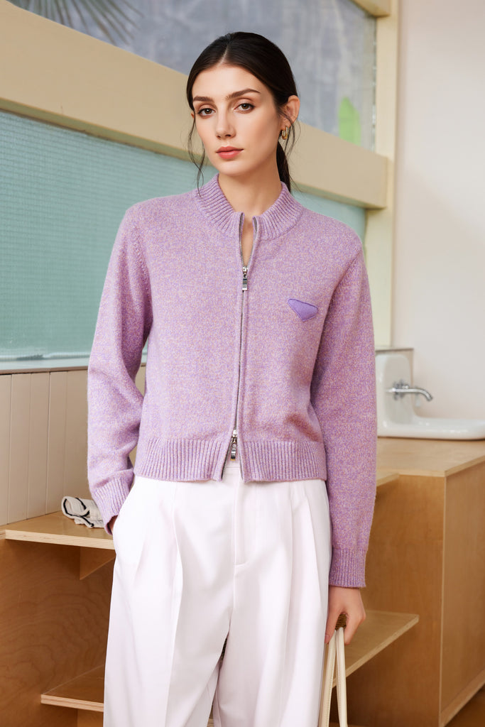 100% Cashmere Marled Double-Zip Mock-Neck Cardigan  Fibflx