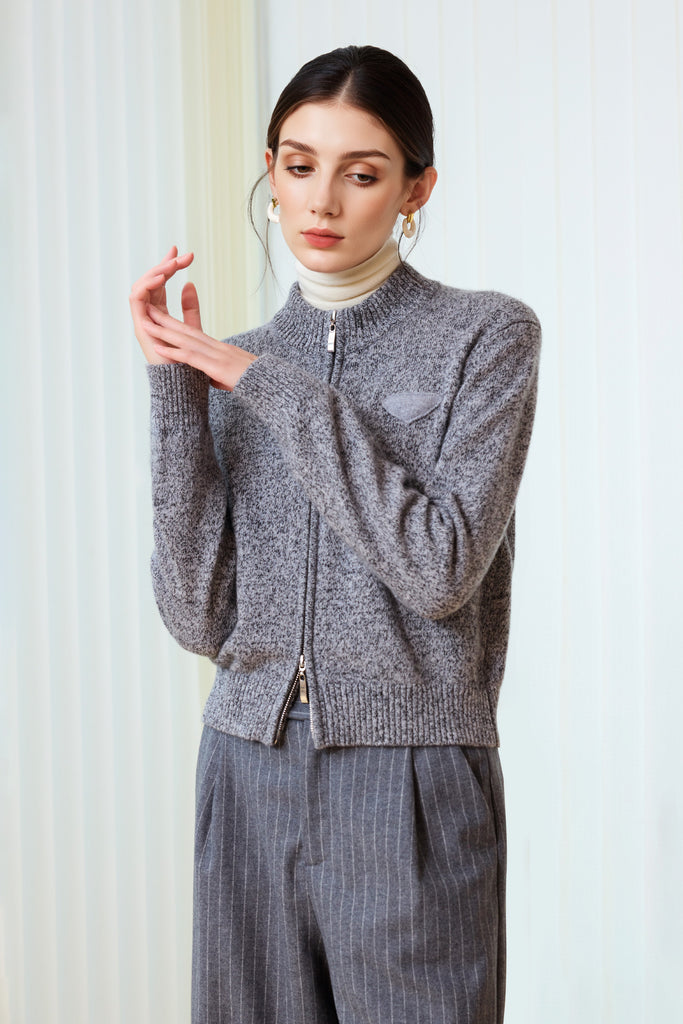 100% Cashmere Marled Double-Zip Mock-Neck Cardigan  Fibflx