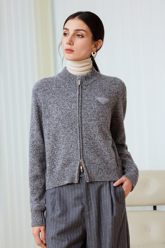 100% Cashmere Marled Double-Zip Mock-Neck Cardigan  Fibflx