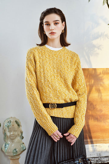 100% Cashmere Marled Slub Cable Crewneck Sweater - Fibflx