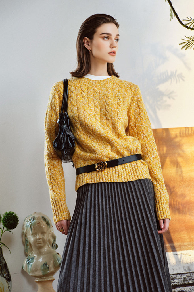 100% Cashmere Marled Slub Cable Crewneck Sweater  Fibflx